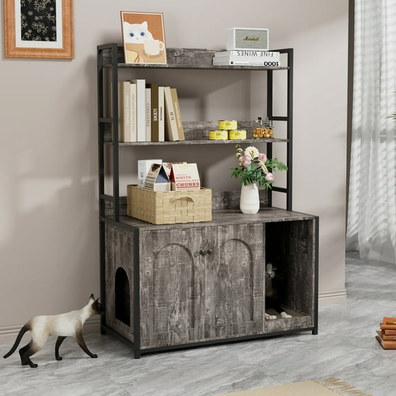 Pefilos 52" Large Wood Cat Litter Box Enclosure, Hidden Cat House Washroom Furniture with Shelf Storage Rack, Scratch Pad, Gray
