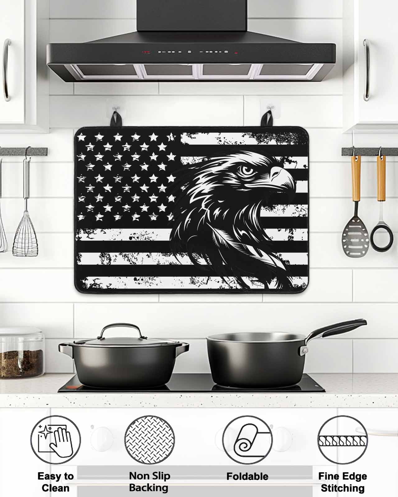 Stove Top Covers for Electric Stove, American Flag Glass Stovetop Cover Protector, Black US Flag Eagle Induction Cooktop Protector Oven Mat for Kitchen Countertop 31"x24"