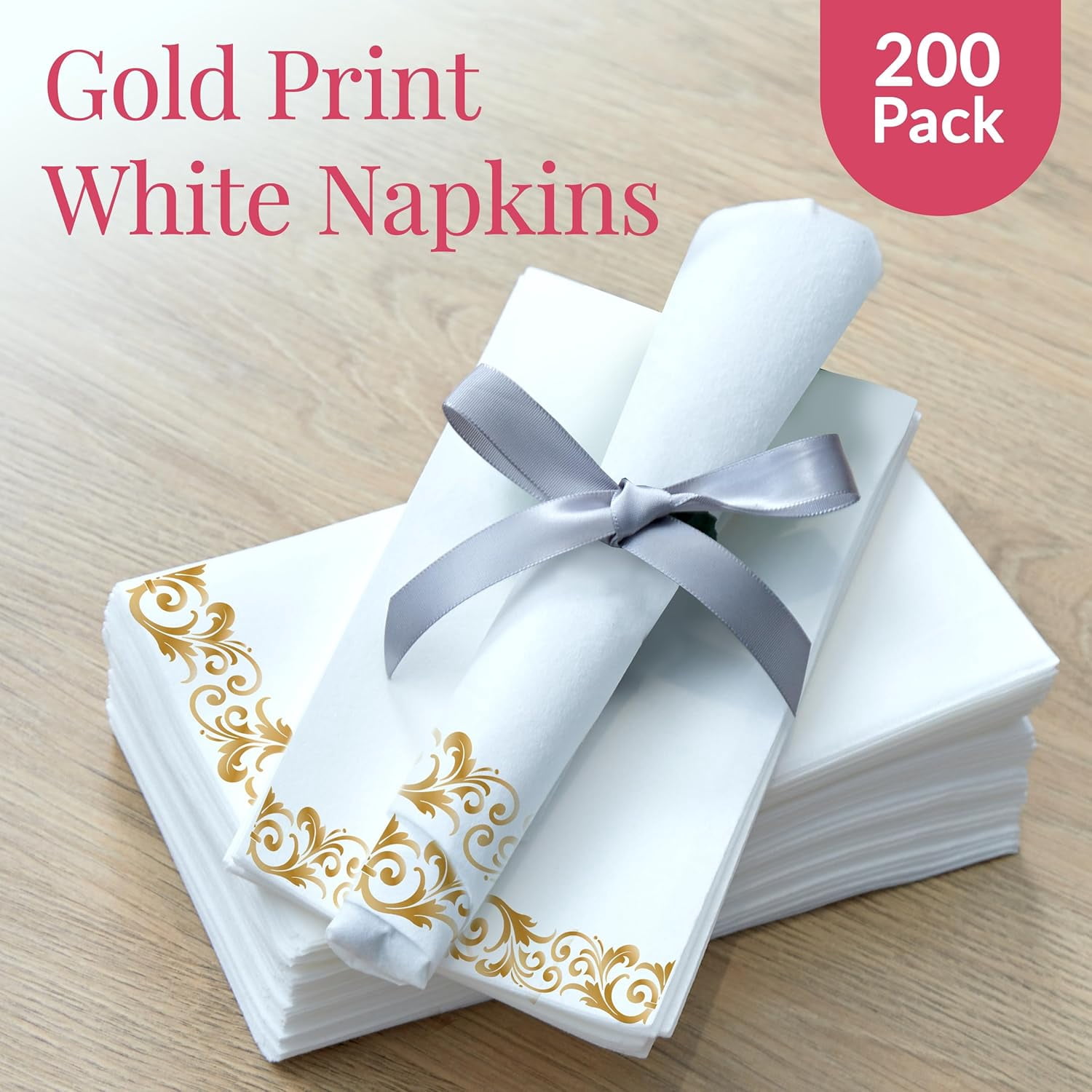 200 Pack Disposable Paper Guest Towels for Bathroom, 2-Ply - Elegant Linen Feel Paper Napkins - Absorbent Decorative Guest Towels for Bathroom, Wedding, and Party Use - (White and Gold)​