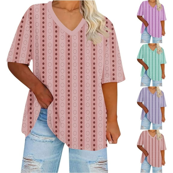 YHAJDS Plus Size Tops for Women Short Sleeve V Neck Summer Tee With Stripe And Polka Print Casual T Shirt
