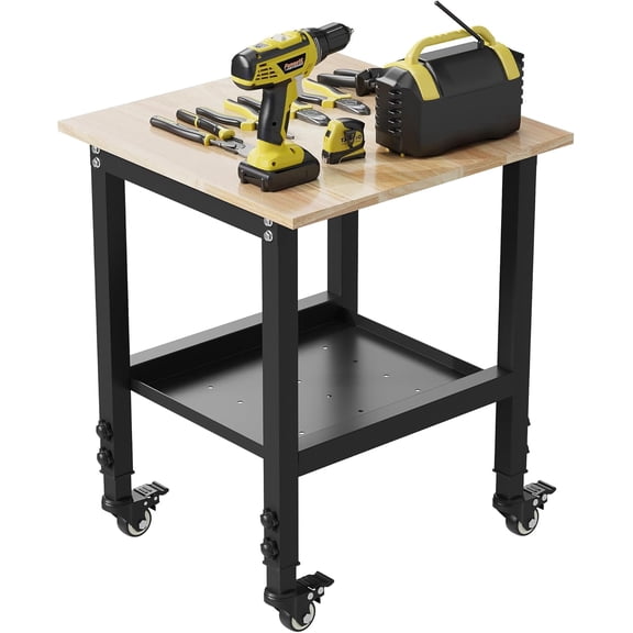 24" Adjustable Heavy Duty Workbench, 1200 LBS Capacity Rubber Wood Top Work Table for Garage, Workshop, Home & Commercial