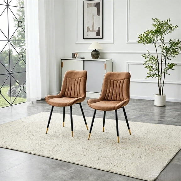 Leumius Dining Chairs Set of 2, Tech Fabric Upholstered Dining Chairs with Semi-Gloss Black Metal Legs, Gold-Trimmed Adjustable Non-Slip Feet, Vertical-Stitched High Back for Dining Room Brown