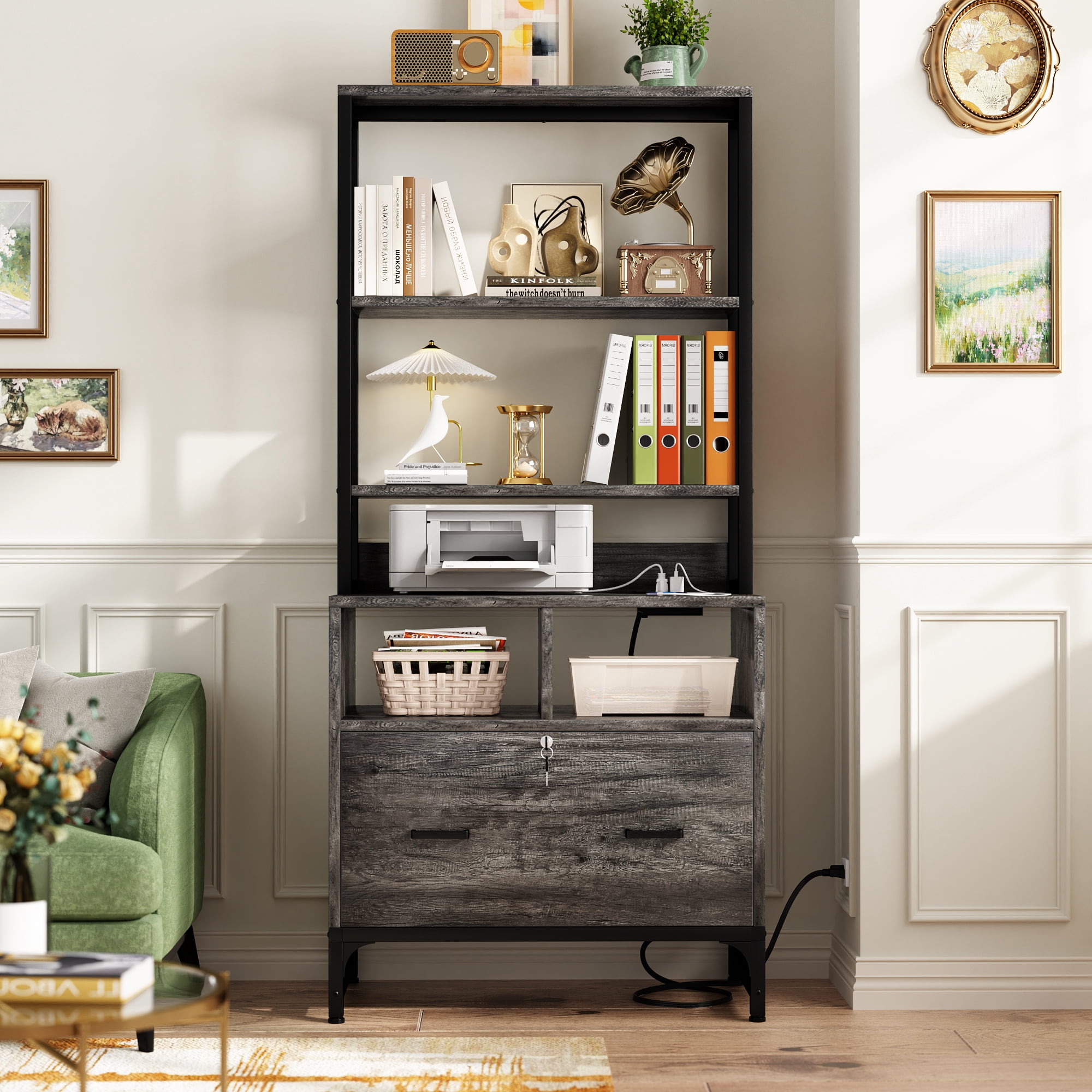 Aheaplus Vertical File Cabinet with Charging Station, Lock & Large Drawer - Printer Stand, Shelves for Letter/A4/Legal,Gray Oak