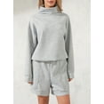 thumbnail image 2 of Women 2 Piece Tracksuits Solid Color Loose Turtleneck Sweatshirt and Shorts for Activewear Workout Outfits Set, 2 of 9