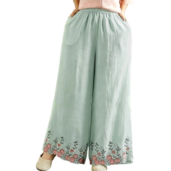 Edvintorg Palazzo Pants for Women Casual Floral Embroidery Elastic Waisted Loose Wide Leg Trousers Plus Size Fashion Comfy Pants Women Green XXL