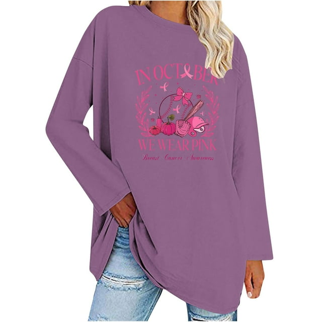 Pisexur Hauts à Ruban pour Femmes Mode Manches Longues Col Rond Chandails en Molleton Décontractés Sensibilisation au Cancer du Sein Pull Tops Chandails en Molleton Graphiques Inspirants T-Shirts Tops d'Automne pour Femmes
