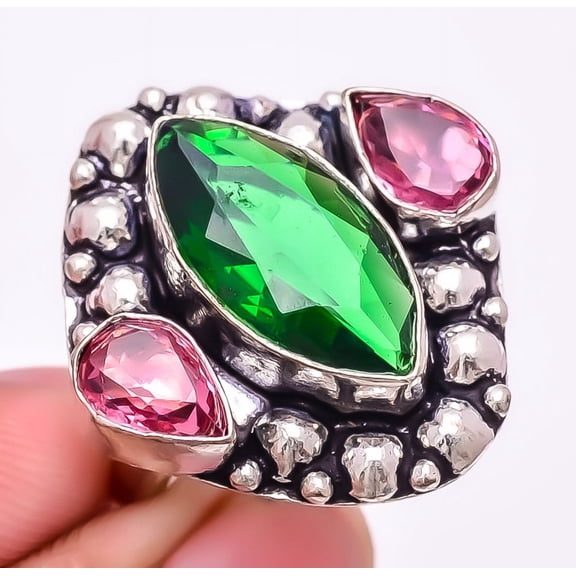Tsavorite Quartz & Rubellite 925 Sterling Silver Ring 9.5 (10325) 95, Gemstone Silver Jewelry, New Year Sale, Valentin's Day Gift