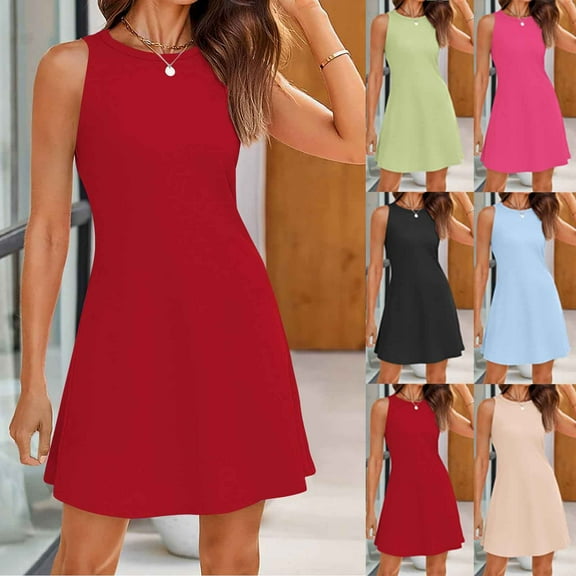 Summer Dresses for Women 2025, Woman Fashion Comfortable Summer Solid Color Sleeveless Round-Neck Dress(Black,S)