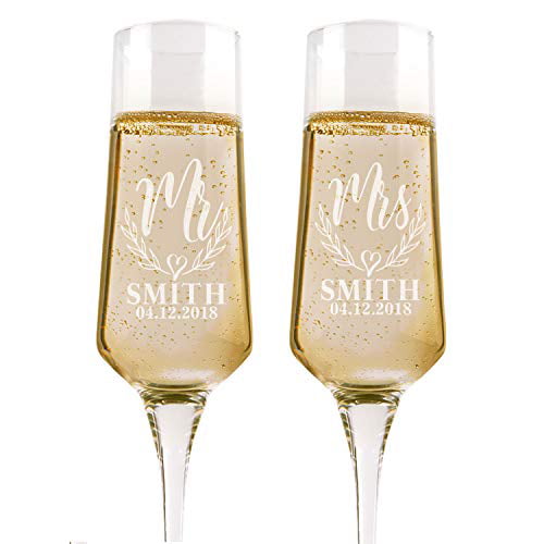 Bride & Groom Date Flutes-Set of 2 Personalized Wedding Champagne Glass with box 