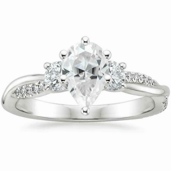 HeartsAndYou 3ct Pear Cut Moissanite Engagement Ring for Women 18k White Gold over Silver Trilogy Twist Shank