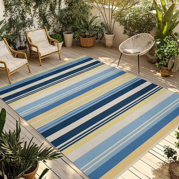 Blue Yellow Striped Outdoor Rug 4x6 Ft - Reversible Patio Rug Outdoor Camping Rugs, Farmhouse Stripes Vintage Washable Indoor Outdoor Area Rugs, Non-Slip Outdoor Carpet Runner for Deck/Porch