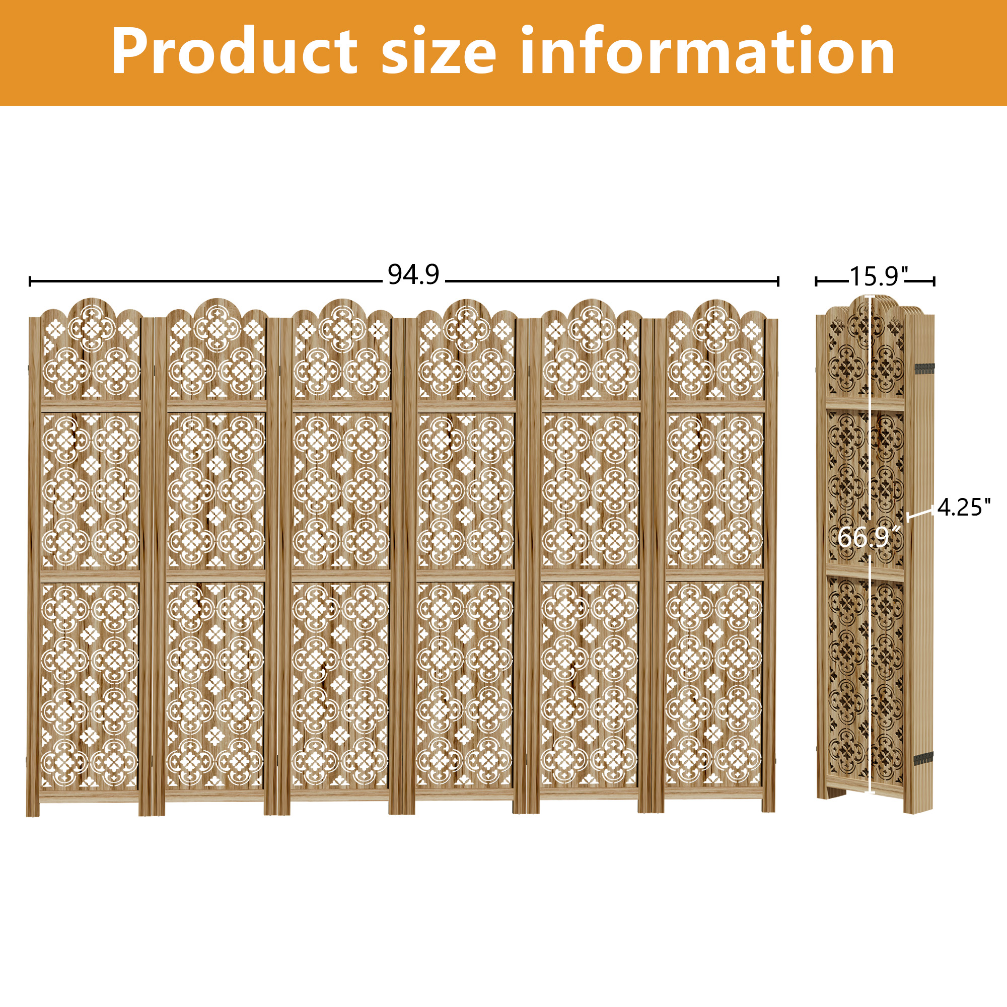 MAYEERTY 6-Piece 67×16" Natural Wood Privacy Panel Screen for Living Room, Coin Pattern