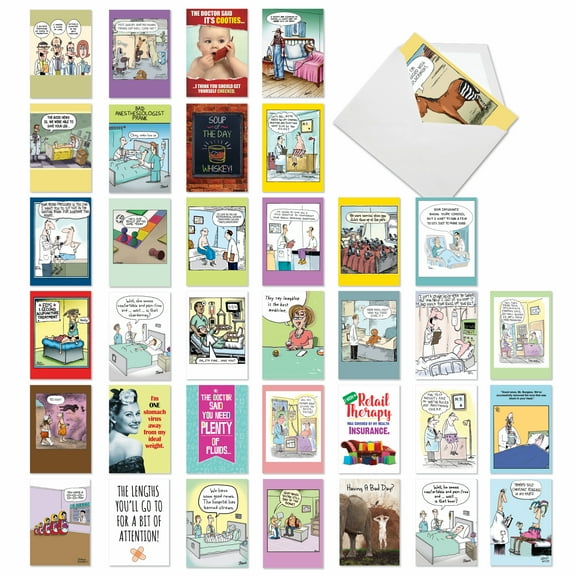NobleWorks 36 Assorted Set Funny Get Well Greeting Cards w/ 5x7 Envelopes, 36x1 Designs, for Men, Women, Happy and Healthy AC2798GWG-B1x36