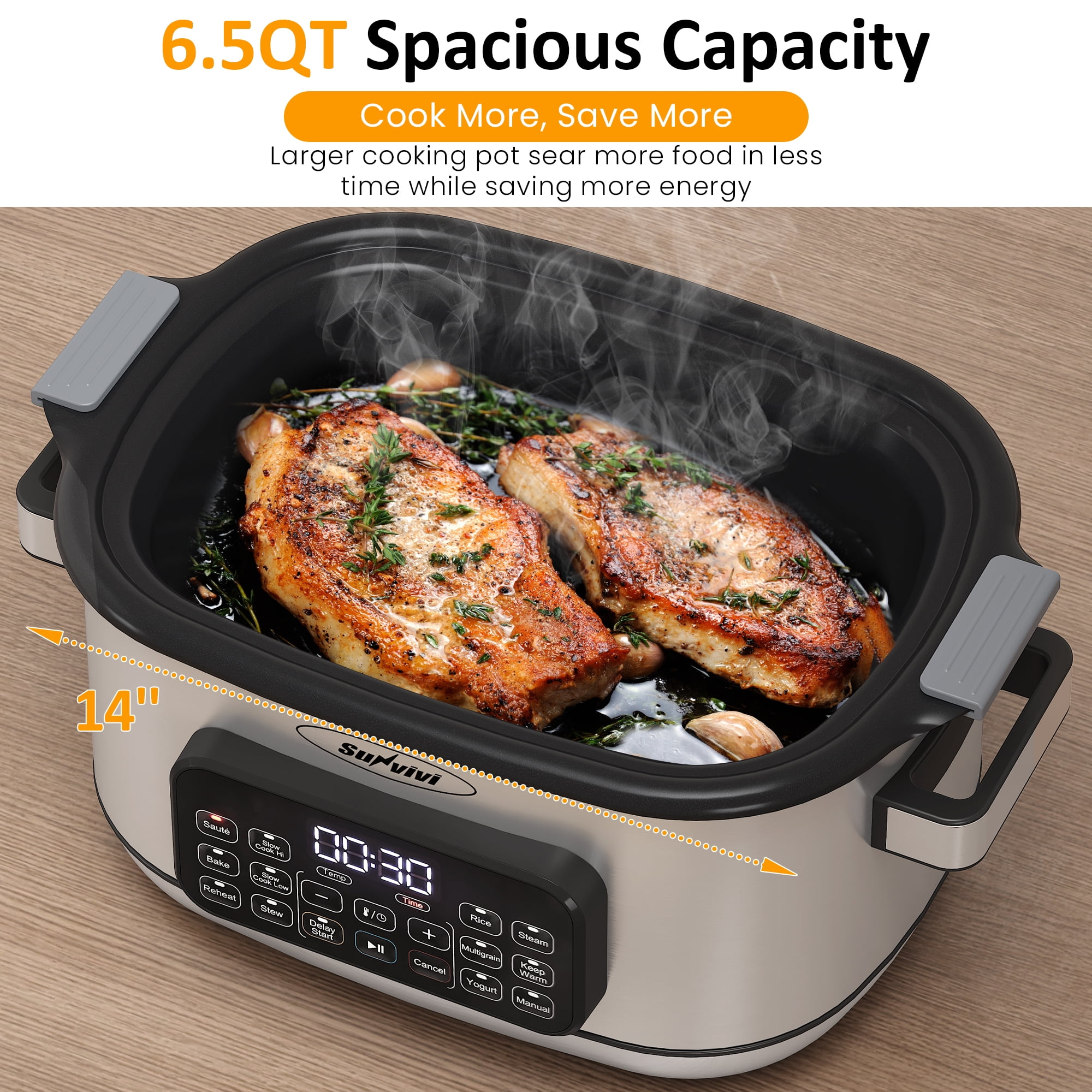 Sunvivi 6.5 Quart 12-in-1 Programmable Multi Slow Cooker, Food Warmer Pot with Digital Timer, Temp Control
