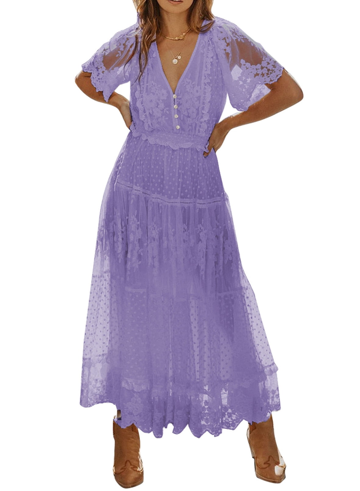 Rosfancy Women V Neck Floral Lace Bridesmaid Maxi Dress Short Sleeve Long  Prom Dresses Wedding, Purple XL - Walmart.com