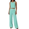 thumbnail image 4 of Mifsaly 2 Piece Linen Sets for Women Summer Casual Vacation Beach Matching Outfits Crop Tank Top and High Waisted Wide Leg Pants with Pockets Light Blue,XXXL, 4 of 7