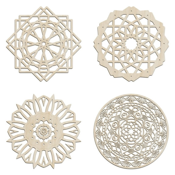 Mandala Wooden Wall Art Set of 4, Swirling Antique Complex Sprouting Motif, Birch Plywood Rustic Wall Art Accent for Hallway Bedroom Living Room and Offices, 11.4" X 11.4" X 0.1", by Ambesonne