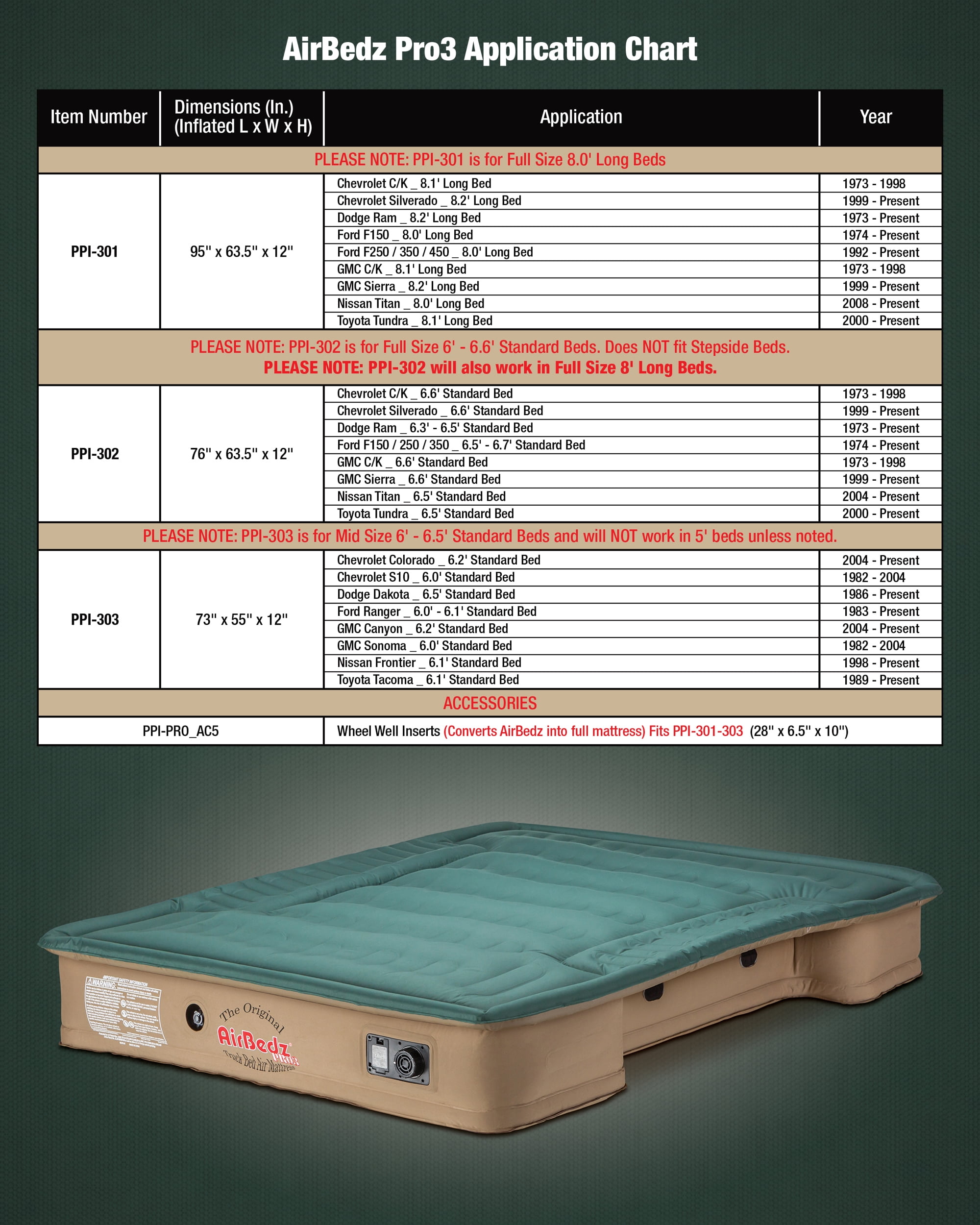 Pittman Outdoors AirBedz Pro3 PPI 302 Truck Bed Air Mattress for 6'-6.5' Full