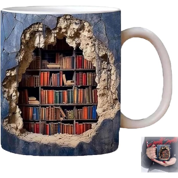 Easygou Sherum Taza 3D, Taza 3D Yifare, Taza con Estantería 3D, Taza con Estante para Biblioteca, Taza de Café con Estantería 3D, Tazas 3D para Amantes de los Libros, Taza de Cerámica Multiusos con Diseño Creativo Del Espacio, Taza de Café para Amantes de los Libros