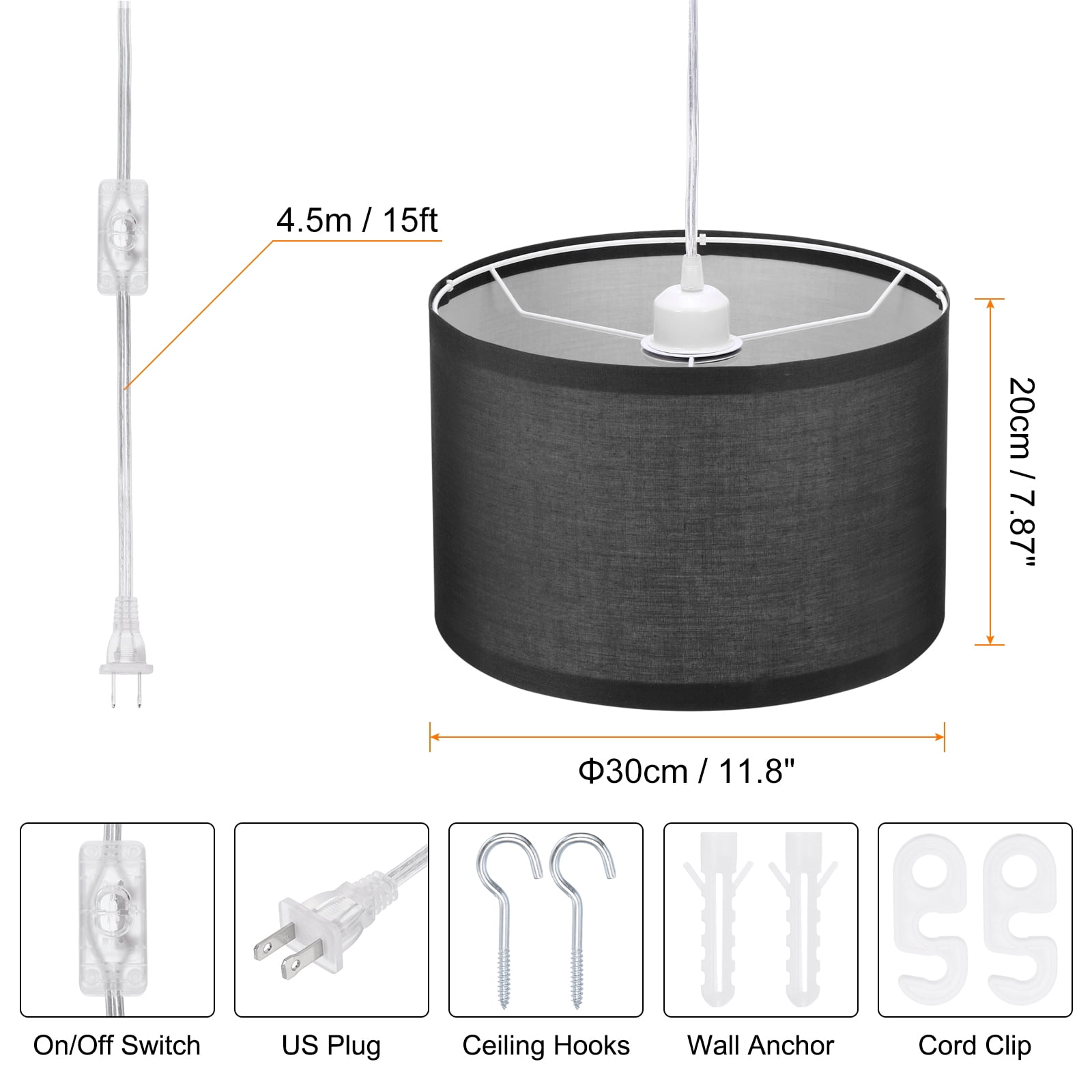 Uxcell Plug in Pendant Light, 2 Pack 15Ft Rope Cord Hanging Lamp Fixture for Bedroom Kitchen Living Room, Black