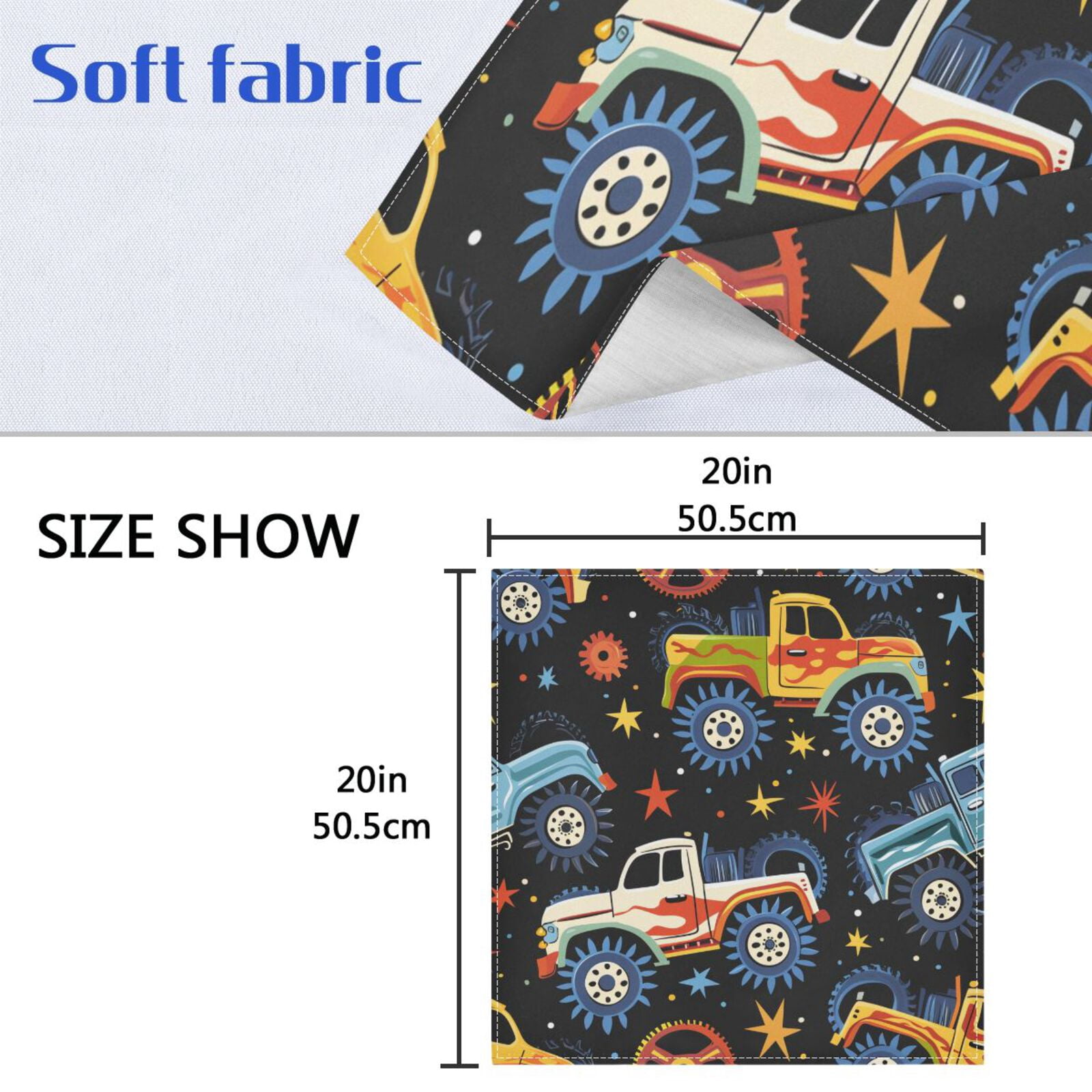 JSTEL Monster Truck Stars Cloth Napkins Set of 6, 20x20 Inch Washable and Reusable Napkin for Decoupage Dinner Party Everyday Use
