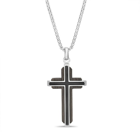 My Bible Wood Accent Cross Pendant Box Chain Necklace in Two-Tone Stainless Steel for Men