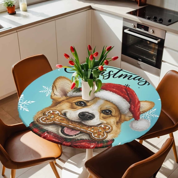 Round Fitted Tablecloth with Elastic Edge, Christmas Cute Dog Fitted Table Cloth for Round Tables 36-44in, Winter Snowflakes on Blue Waterproof Tablecloth for Outdoor Picnic Party