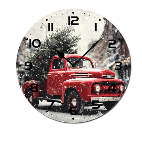 ZXCXRQFa Vintage Red Truck Xmas Tree Wall Clocks Battery Operated 10 Inch Silent Non-Ticking Quiet Desk Clock Decor for Living Room Home Office School Kitchen