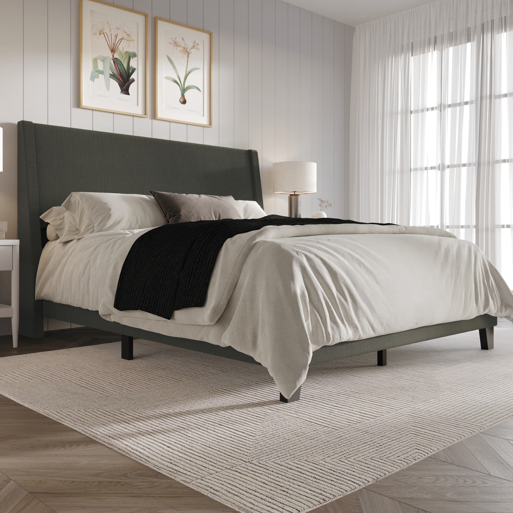 Home Design Sidney Full Upholstered Panel Bed with Durable Engineered Wood and Recycled Materials, Dark Gray, Easy Assembly