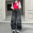 thumbnail image 4 of Baggy Jeans for Girls Cargo Denim Pants Loose Fit Hop Street Dance Casual Trousers for Kids Black 5 Years-6 Years, 4 of 5