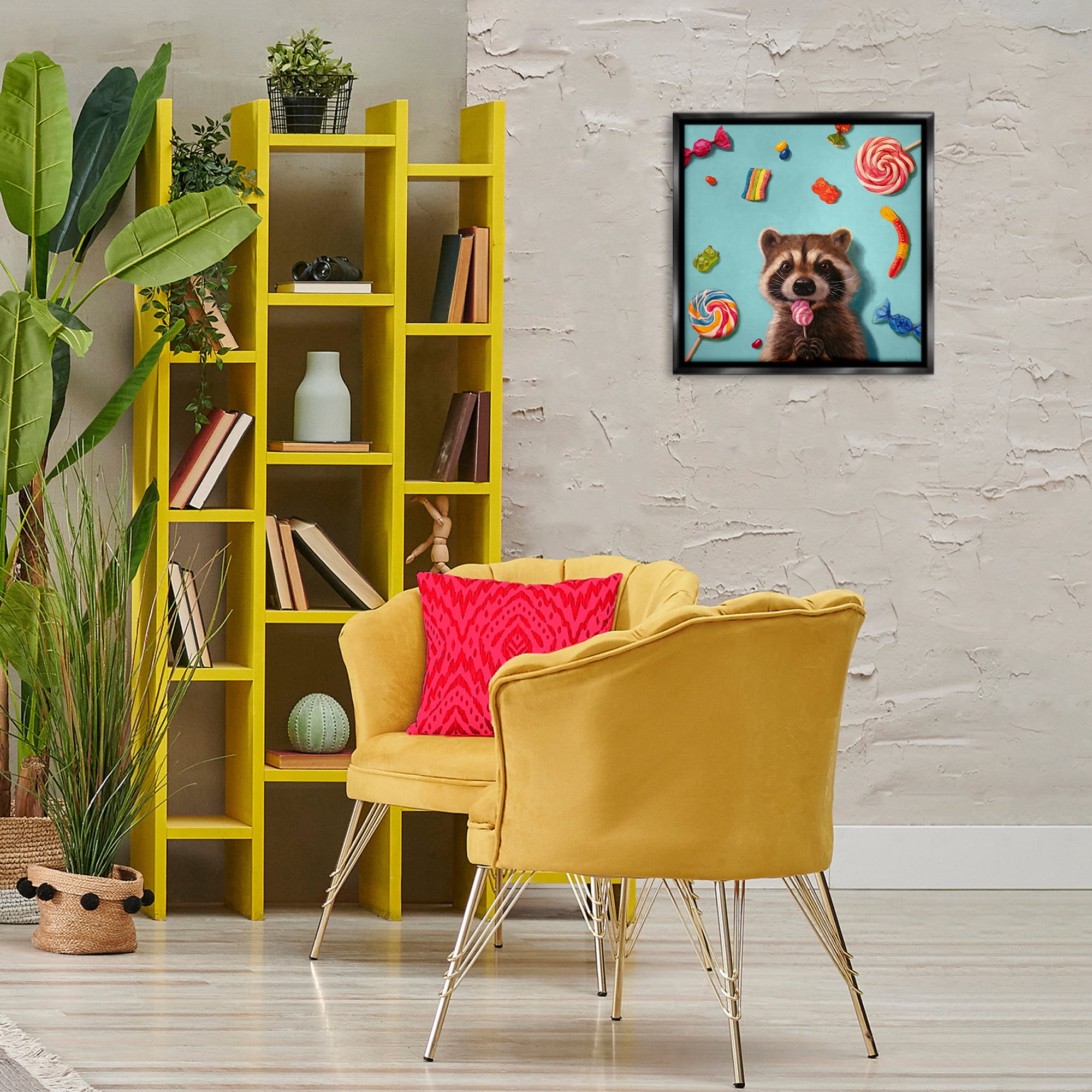 Stupell Industries Raccoon & Sweets Candies Food & Beverage Painting Black Floater Framed Canvas Art Print Wall Art, 18 x 18