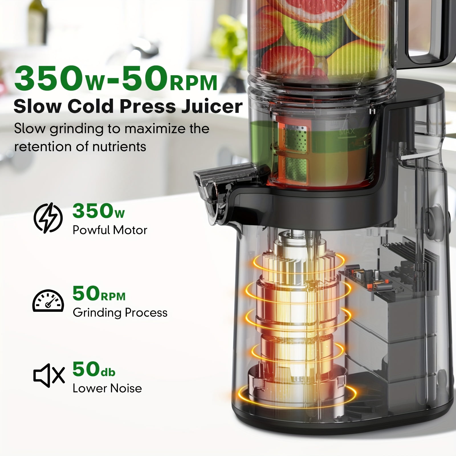 Fanruina Cold Press Juicer Masticating Juicer with Wide Feed Chute 350W Slow Juicer Ideal for Whole Fruits And Vegetables High Juice Yield