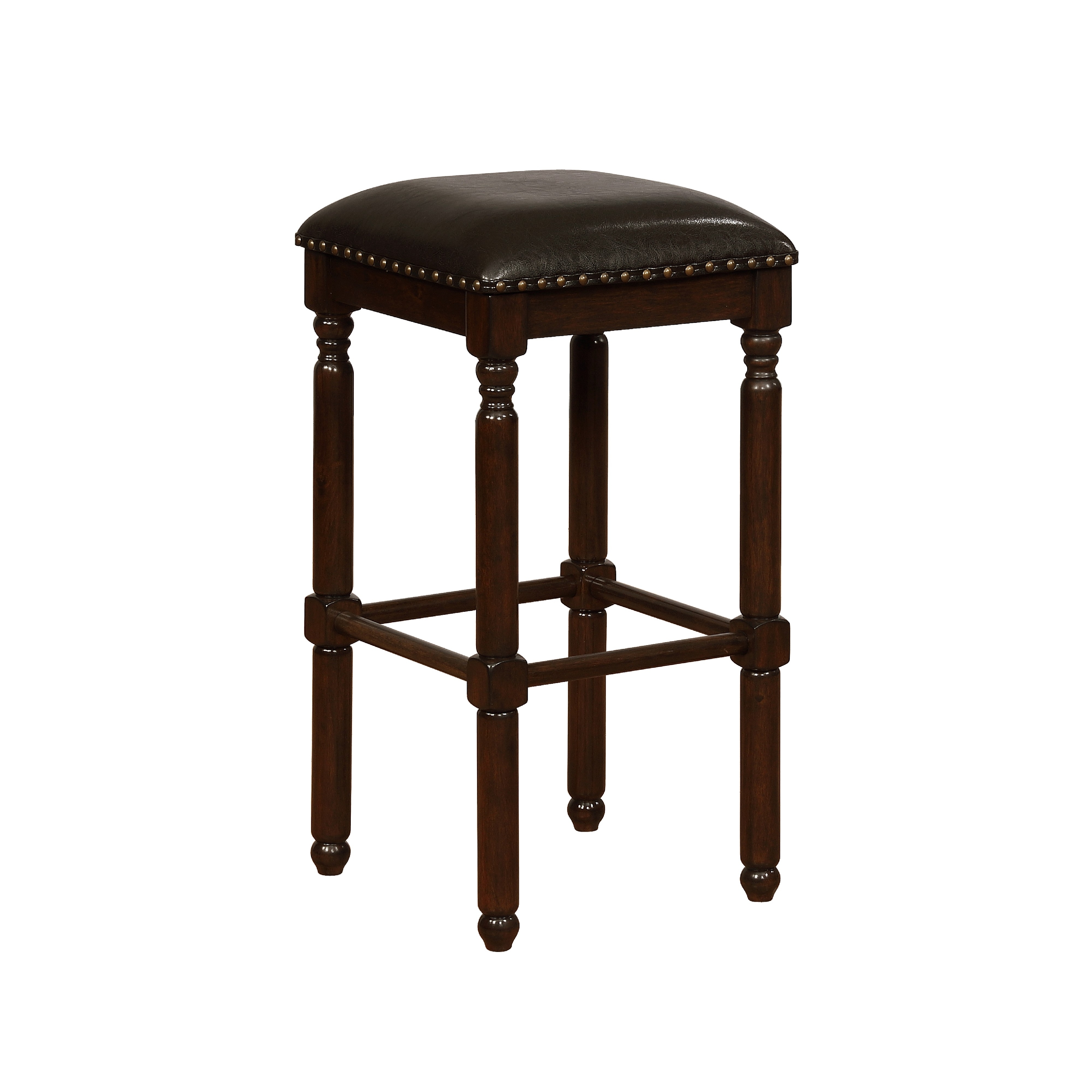 Nailhead Trim Leatherette Counter Stool with Turned Legs, Set of 2, Brown