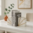 thumbnail image 4 of Geometric Book Ends for Home Decor - Modern Marble Bookends with Brass Inlay for Bookshelf Decor, Office, or Desk Accessories - Accent Display for Home Library - Set of 2, 5", White & Gold, 4 of 9
