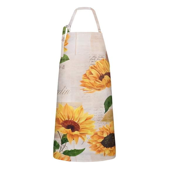 Newspaper Text Sunflower Pattern Apron-Garden Aprons for Women with Pockets-Cotton Linen Waterproof Kitchen Cooking Gardening Aprons Adjustable for Kitchen,Cooking,BBQ and Salon 33x27 Inch