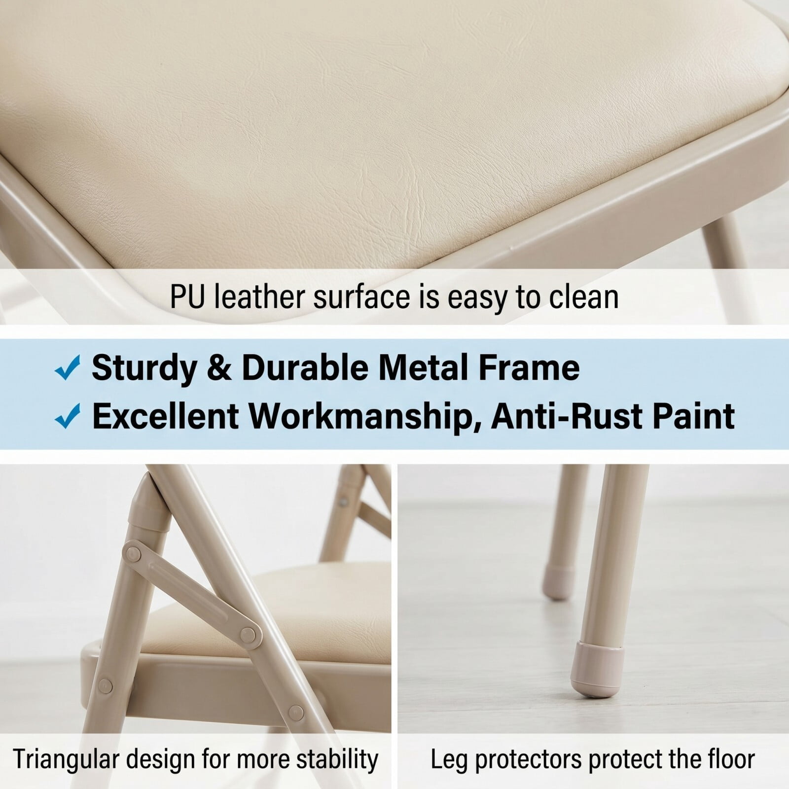 Kelno Folding Chair Set of 4 PU Leather Padded Guest Chairs with Lightweight Sturdy Metal Frame, Khaki