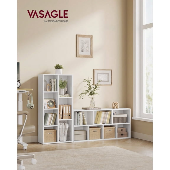 Freestanding cube bookcase with 7 open compartments, provides ample display and storage space for books and decorations. Suitable for living room, bedroom and home office organization.