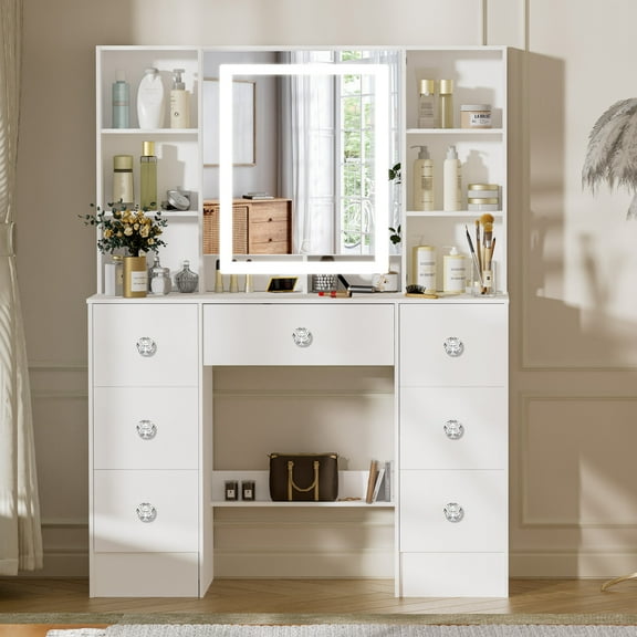 Caulitar White Vanity Desk with Adjustable Light Mirror & Storage, Modern Makeup Dressing Table for Women