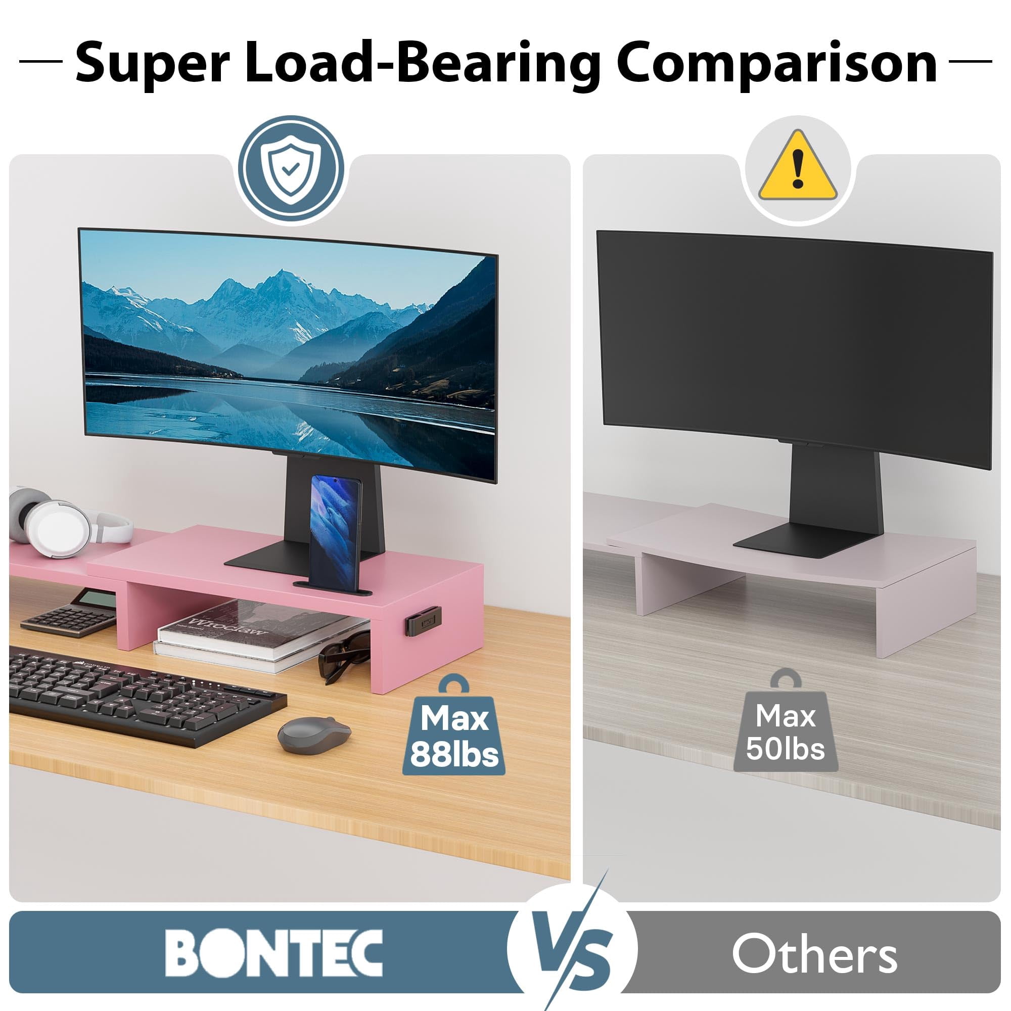 BONTEC Dual Monitor Stand Riser with Smartphone Holder, Adjustable Length & Swivel Angle, Ergonomic Wooden Desktop Organizer for PC Monitor, Laptop, Printer, Large Storage, Pink