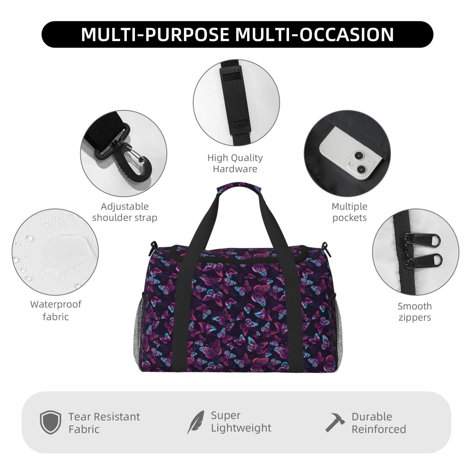 Ratiio Purple Butterfly Pattern Hand Travel Bag, Weekender Carry On for Women Men, Sports Gym Bag, Workout Duffel Bag, Overnight Shoulder Bag fit 15.6 Inch Laptop