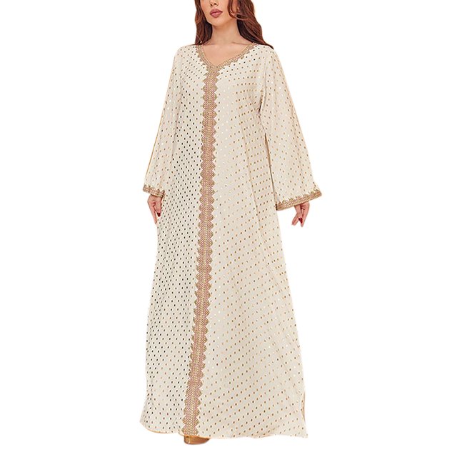 Gibobby Bata de seda para mujer Ropa de dormir musulmana larga de manga larga con estampado de y bloques de color con cuello en V para mujer con lámina dorada(Blanco,G)