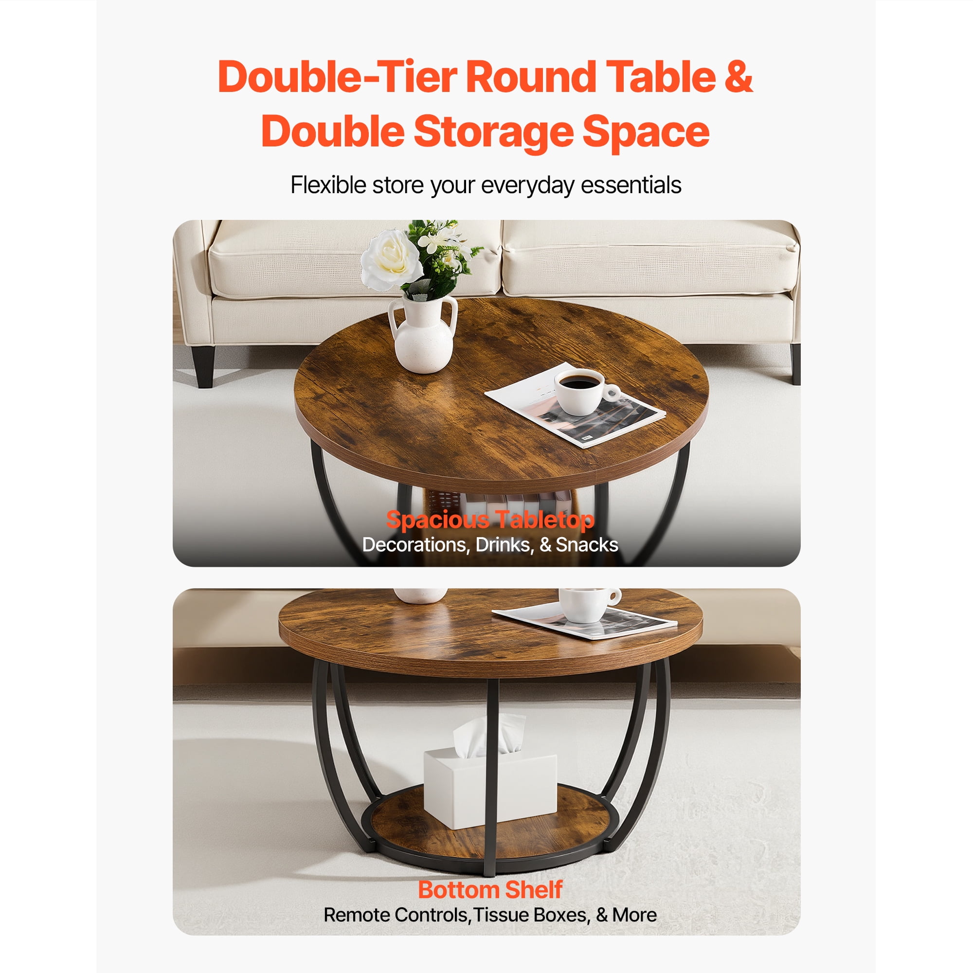 KFFKFF Round Coffee Table, Modern 2-Tier Wooden Center Table with Open Storage, Minimalist Metal Frame Design for Living Room or Office, Easy to Assemble, Rustic Brown Finish