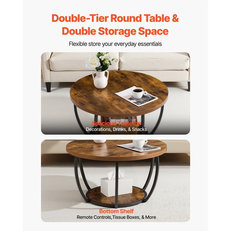 KFFKFF Round Coffee Table, 2-Tier Wood with Storage photo 4