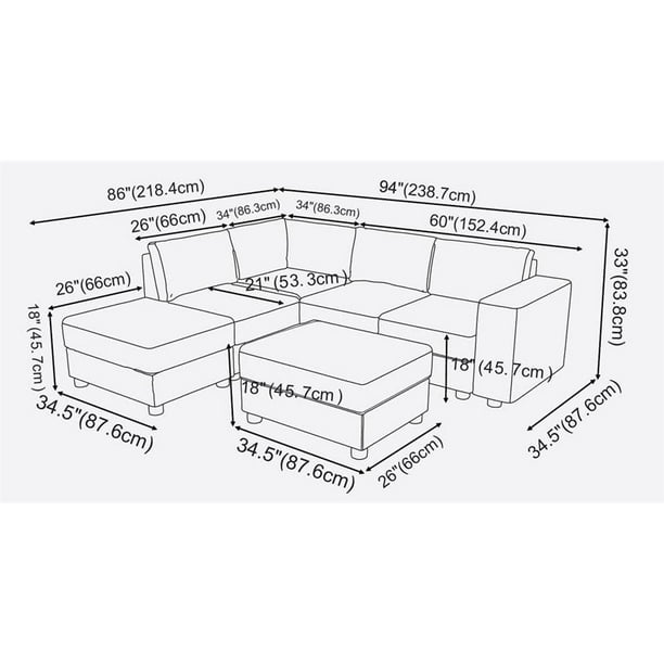 Gray Linen 6 Seat Reversible Modular Sectional Sofa with Ottoman