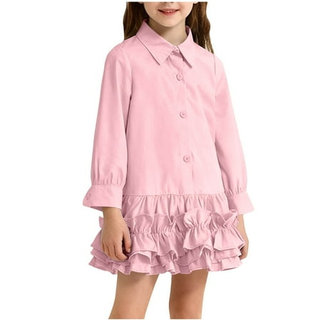 SERTG Kids Skirt Solid Color Lapel Collar Button Front Long Sleeve Dress School Style Spring Summer Casual Comfortable Outfit for Girls(Pink 3-4 Years)