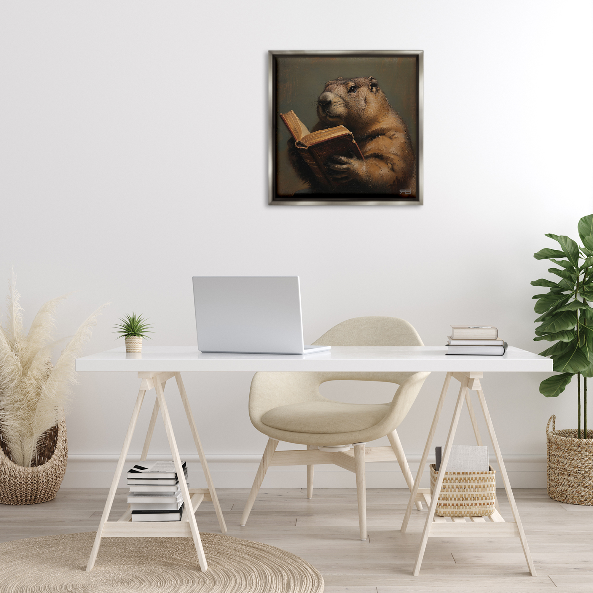 Stupell Industries Groundhog Reading Book Animals & Insects Painting Gray Floater Framed Canvas Art Print Wall Art, 25 x 25
