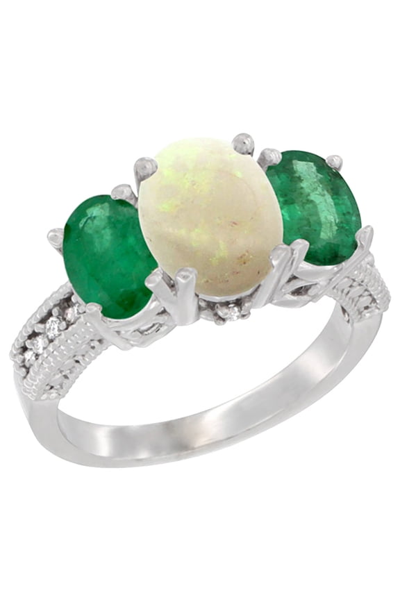 14K White Gold Diamond Natural Opal Ring 3-Stone Oval 8x6mm with Emerald, size 9