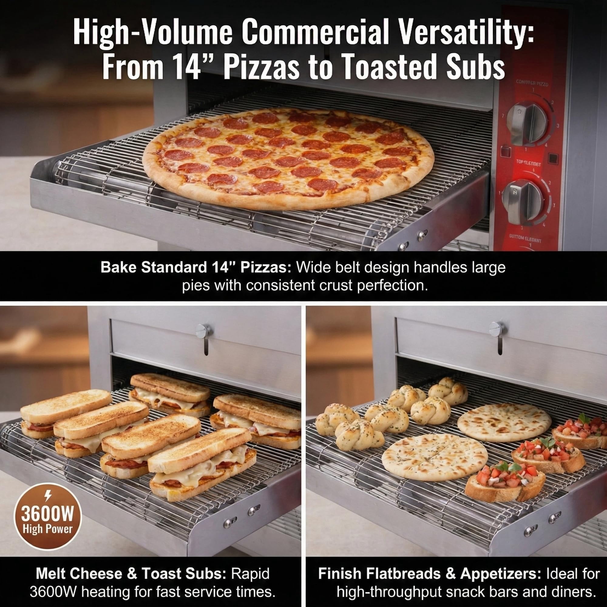 Hakka 14" Commercial Countertop Conveyor Pizza Oven, 240V 3600W Stainless Steel Sandwich and Flatbread Baker, ETL Listed