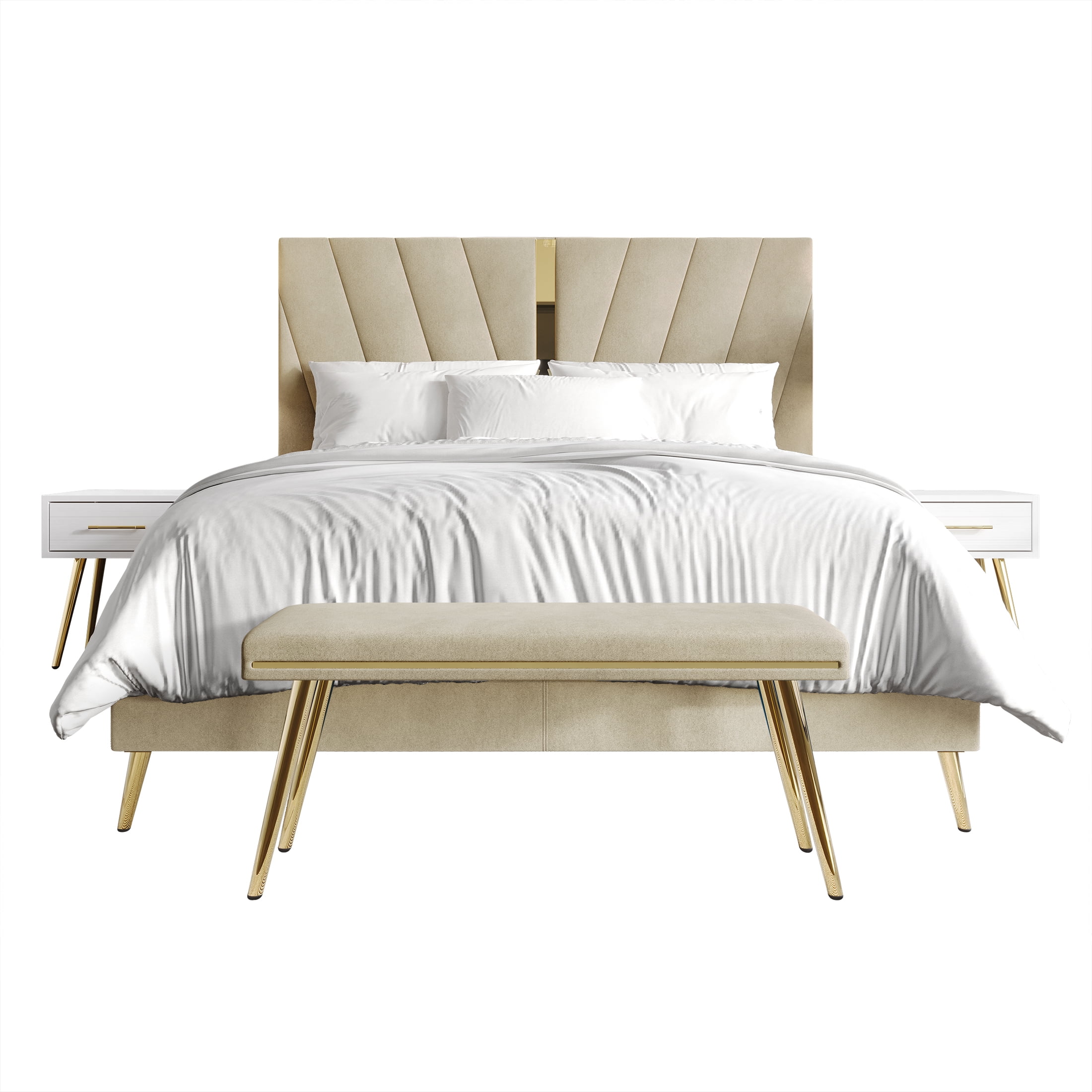 Castle Place Contemporary Velvet Queen Upholstered Bed with 2 Nightstand and Bench, Champagne