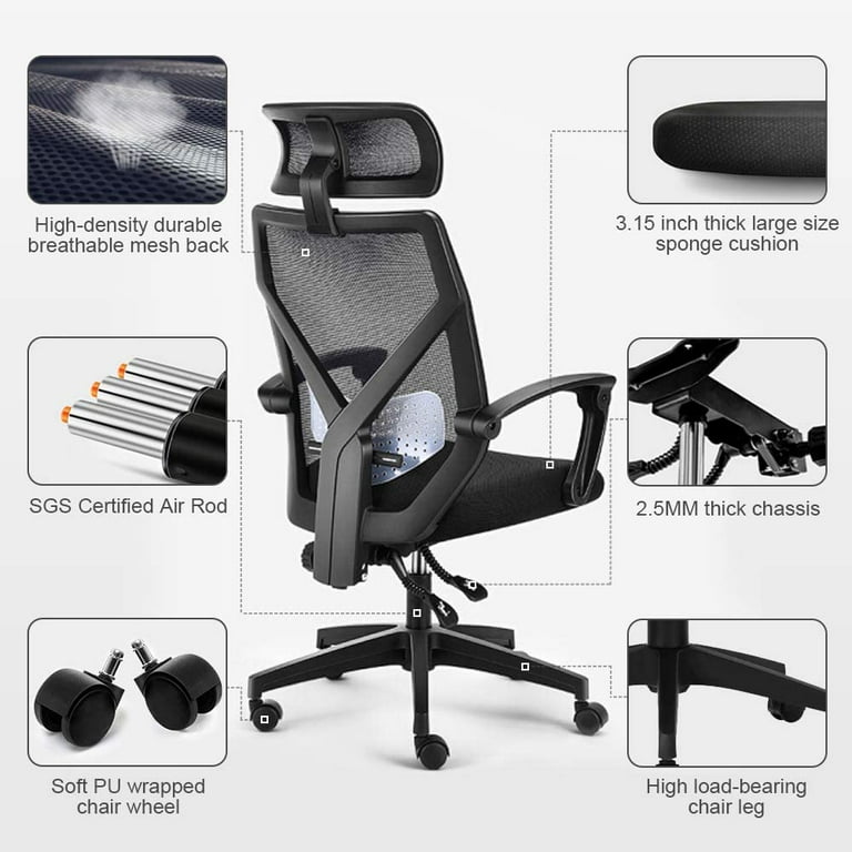Dripex Ergonomic Office Chair, High Back Desk Chair, Computer Mesh Chair  with Lumbar Support, Adjustable Headrest & 2D Armrest, 90°-135°Tilt  Function